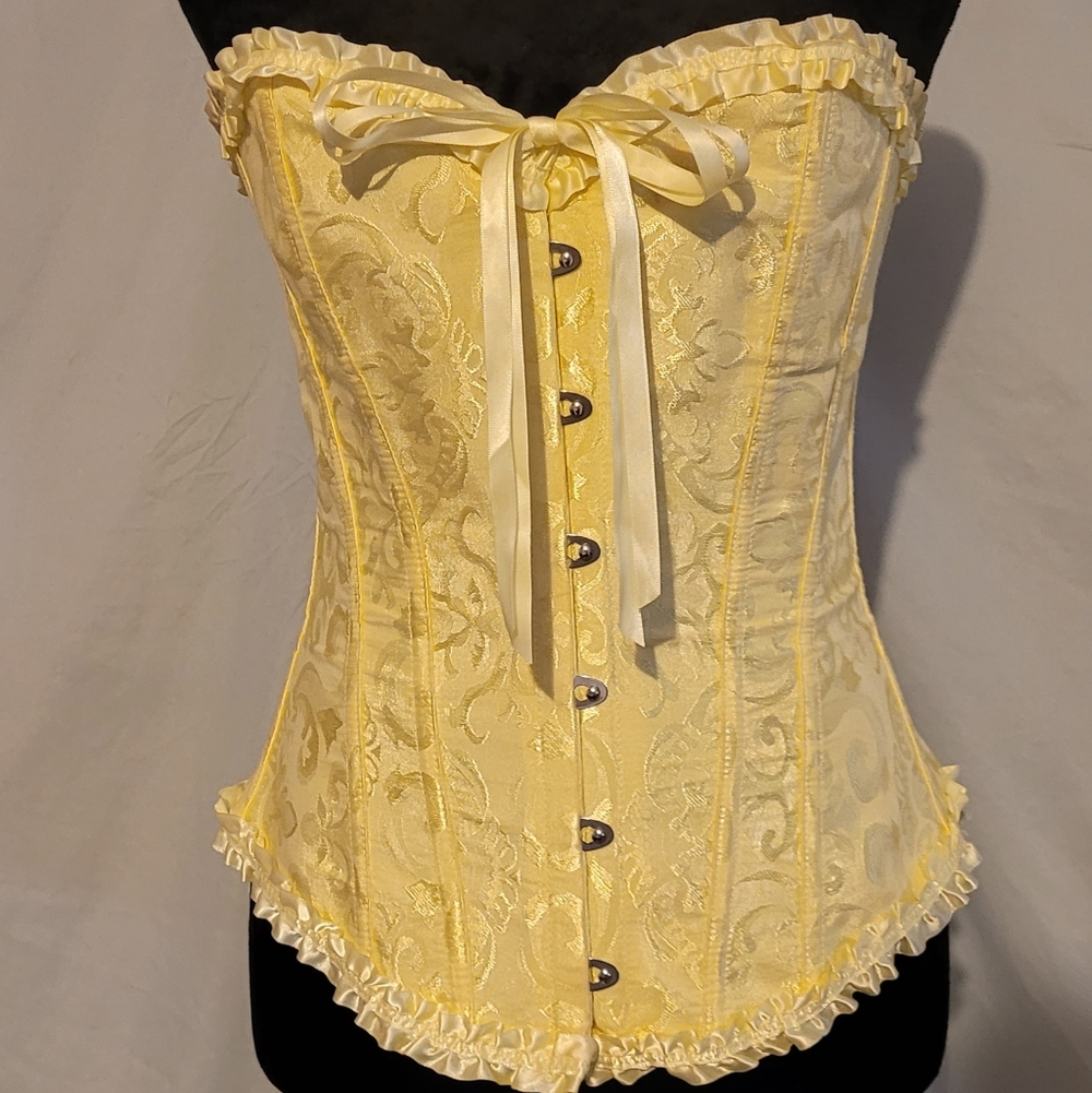 Yellow Brocade Corset Bustier with Ribbon Tie
